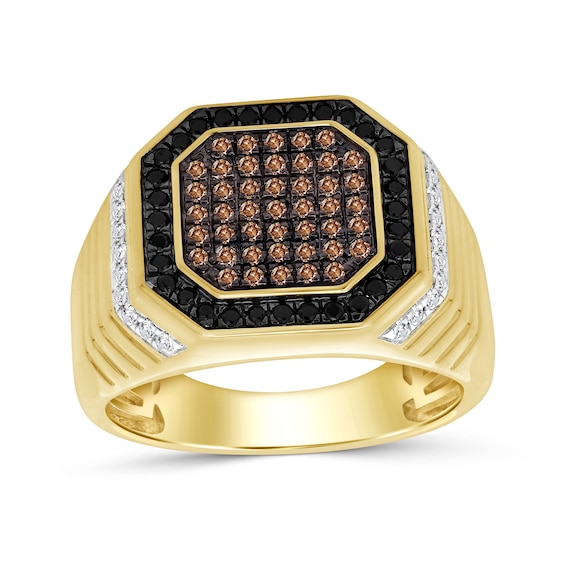3/4 CT. T.w. Brown, Black and White Multi-Diamond Octagon Frame Ring in 10K Gold