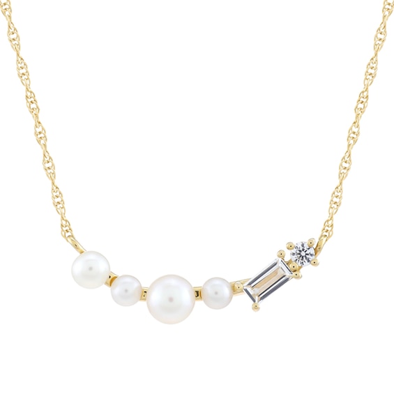 Freshwater Cultured Pearl with Baguette and Round White Lab-Created Sapphire Scatter Necklace in 10K Gold
