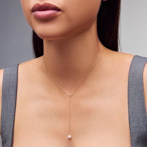 5.0mm Freshwater Cultured Pearl and Certified Lab-Grown Diamond Accent "Y" Necklace in 10K Gold (F/Vs2) - 18.25"