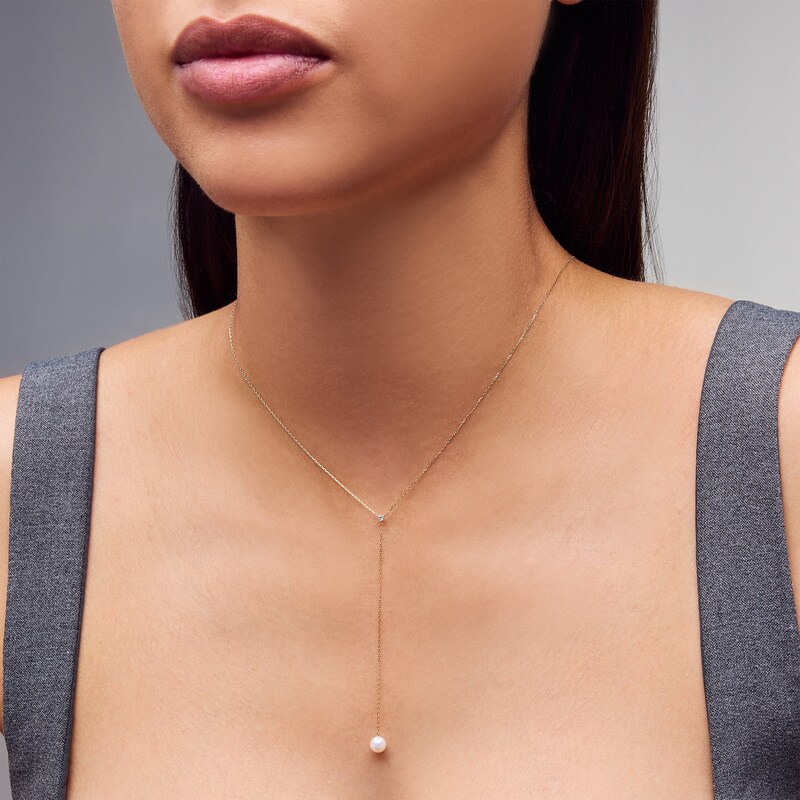 Main Image 2 of 5.0mm Freshwater Cultured Pearl and Certified Lab-Grown Diamond Accent "Y" Necklace in 10K Gold (F/VS2) - 18.25"