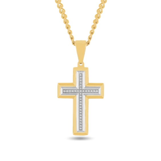 1/10 CT. T.w. Diamond Cross Pendant in Stainless Steel and Yellow Ion Plate - 24”