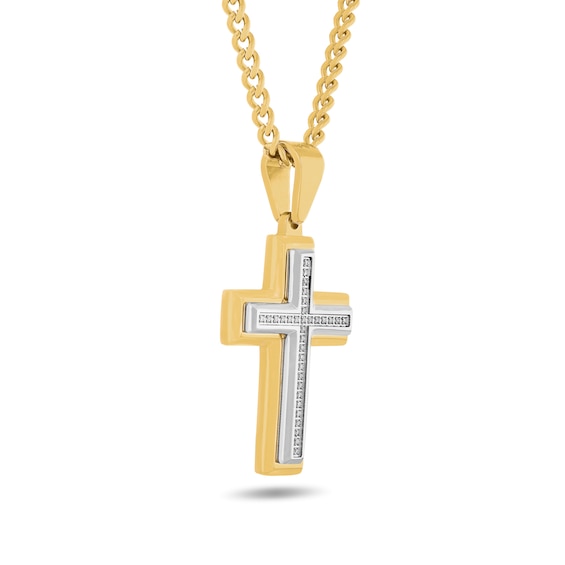 1/10 CT. T.w. Diamond Cross Pendant in Stainless Steel and Yellow Ion Plate - 24”