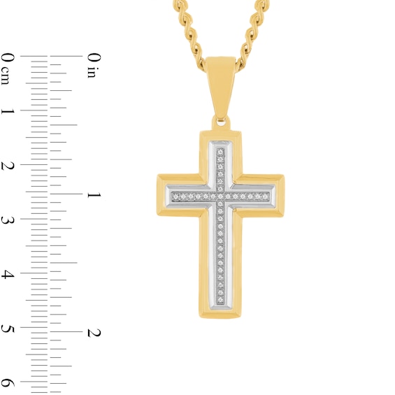 1/10 CT. T.w. Diamond Cross Pendant in Stainless Steel and Yellow Ion Plate - 24”