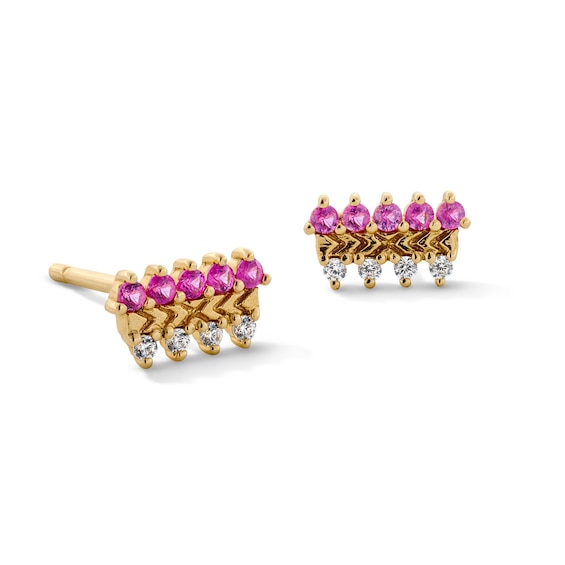 Pink Sapphire and Certified Lab-Grown Diamond Accent Double Row Stud Earrings in 10K Gold (F/Vs2)