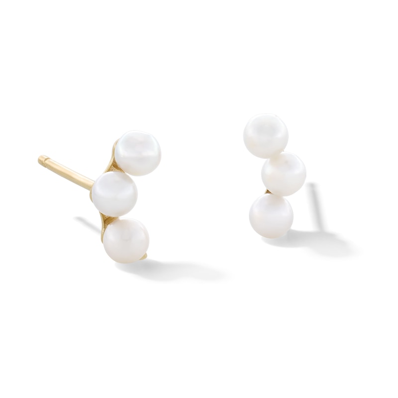 Main Image 1 of Freshwater Cultured Pearl Three Stone Stud Earrings in 10K Gold