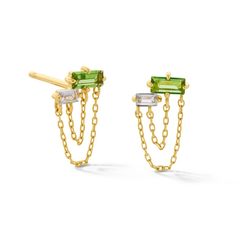 Main Image 1 of Baguette Green Tourmaline and Certified Lab-Grown Diamond Chain Drop Stud Earrings in Sterling Silver with Gold Plate