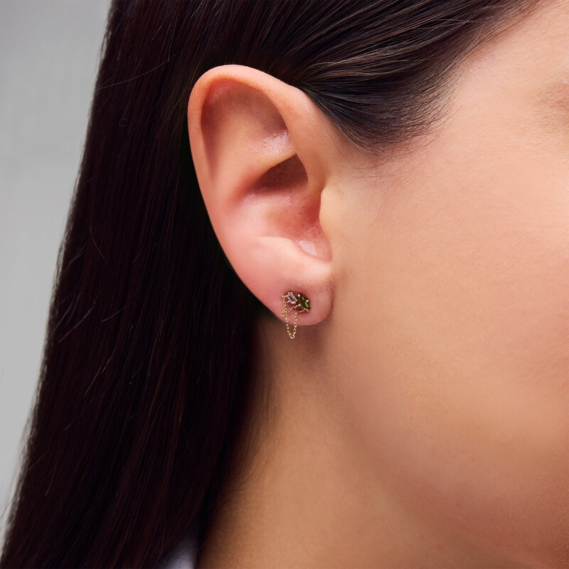 Main Image 2 of Baguette Green Tourmaline and Certified Lab-Grown Diamond Chain Drop Stud Earrings in Sterling Silver with Gold Plate