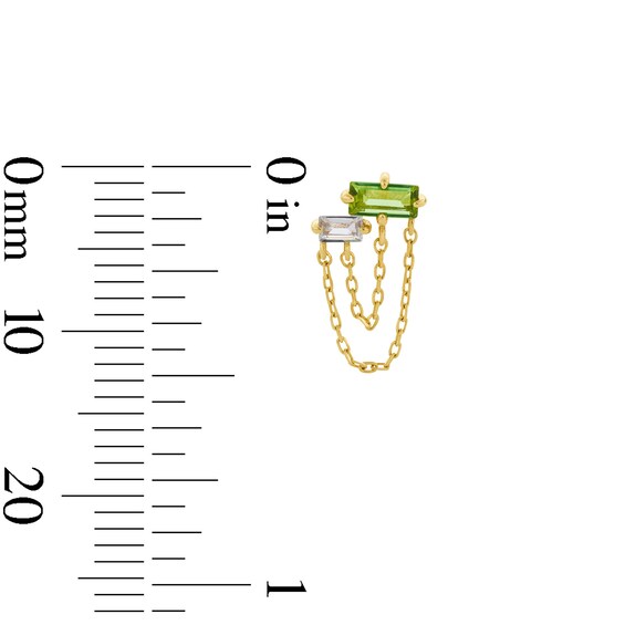 Baguette Green Tourmaline and Certified Lab-Grown Diamond Chain Drop Stud Earrings in Sterling Silver with Gold Plate