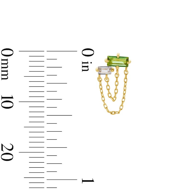 Main Image 3 of Baguette Green Tourmaline and Certified Lab-Grown Diamond Chain Drop Stud Earrings in Sterling Silver with Gold Plate