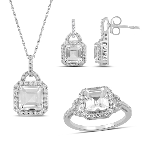 Emerald-Cut and Round White Lab-Created Sapphire Doorknocker Drop Pendant, Earrings and Ring Set in Sterling Silver