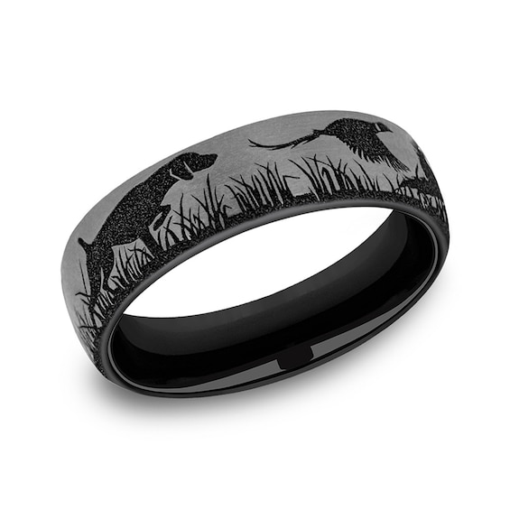 6.5mm Matte Bird, Dog and Pheasant Engravable Wedding Band in Two-Tone Titanium (1-2 lines)