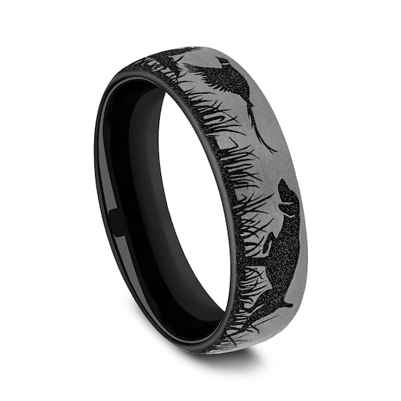 6.5mm Matte Bird, Dog and Pheasant Engravable Wedding Band in Two-Tone Titanium (1-2 lines)