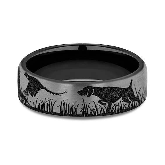 6.5mm Matte Bird, Dog and Pheasant Engravable Wedding Band in Two-Tone Titanium (1-2 lines)