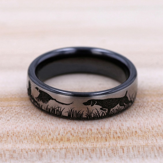 6.5mm Matte Bird, Dog and Pheasant Engravable Wedding Band in Two-Tone Titanium (1-2 lines)