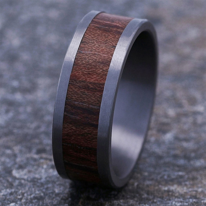 Main Image 4 of 8.0mm Matte Wood Inlay Engravable Wedding Band in Tantalum (1-2 lines)