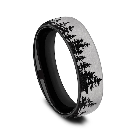 6.5mm Matte Tree Line Engravable Wedding Band in Two-Tone Titanium (1-2 lines)