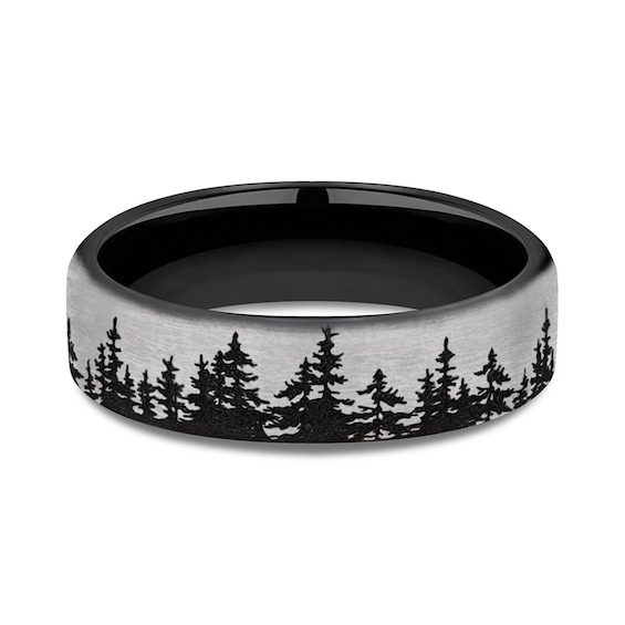 6.5mm Matte Tree Line Engravable Wedding Band in Two-Tone Titanium (1-2 lines)