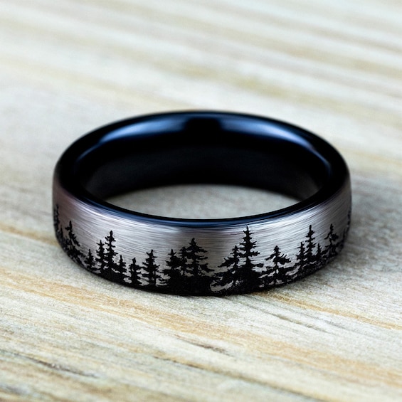 6.5mm Matte Tree Line Engravable Wedding Band in Two-Tone Titanium (1-2 lines)
