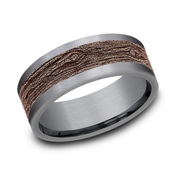 8.0mm Matte Bark-Look Engravable Wedding Band in Tantalum and 14K Rose Gold (1-2 lines)