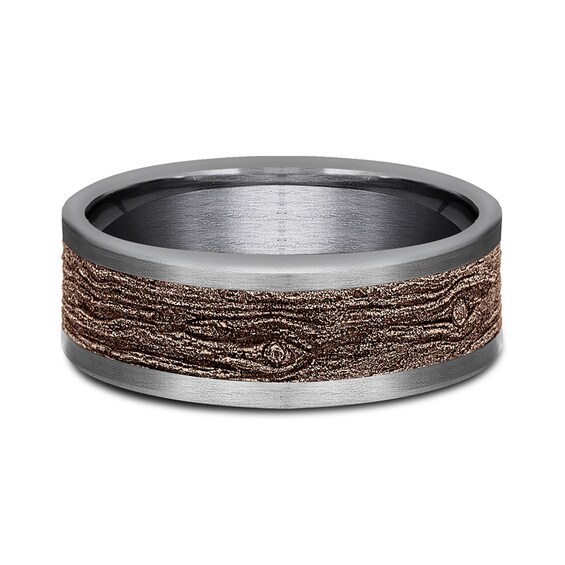 8.0mm Matte Bark-Look Engravable Wedding Band in Tantalum and 14K Rose Gold (1-2 lines)