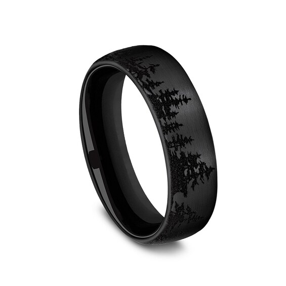 6.5mm Matte Tree Line Engravable Wedding Band in Black-on-Black Titanium (1-2 lines)