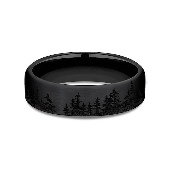 6.5mm Matte Tree Line Engravable Wedding Band in Black-on-Black Titanium (1-2 lines)