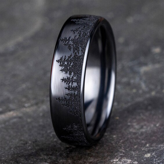 6.5mm Matte Tree Line Engravable Wedding Band in Black-on-Black Titanium (1-2 lines)