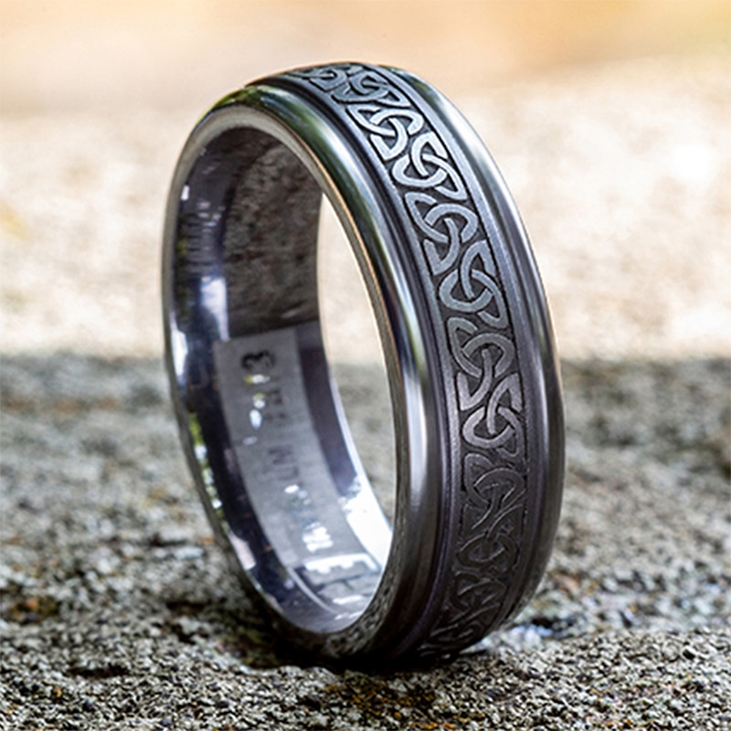 Main Image 4 of 7.0mm Satin Celtic Trefoil Engravable Wedding Band in Tantalum (1-2 lines)