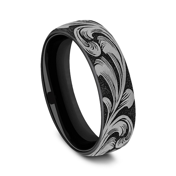 6.5mm Matte Feathered Filigree Engravable Wedding Band in Two-Tone Titanium (1-2 lines)
