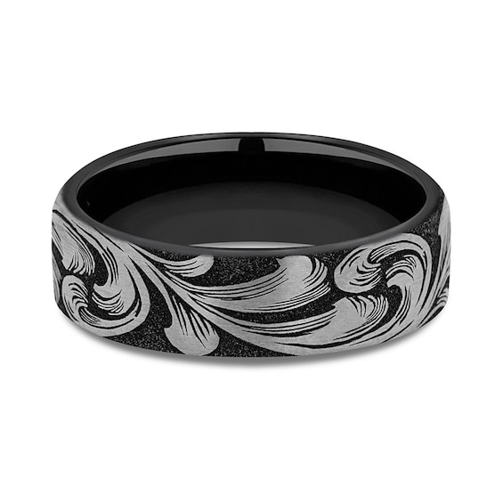 6.5mm Matte Feathered Filigree Engravable Wedding Band in Two-Tone Titanium (1-2 lines)