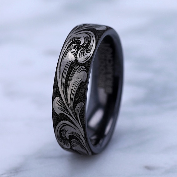6.5mm Matte Feathered Filigree Engravable Wedding Band in Two-Tone Titanium (1-2 lines)