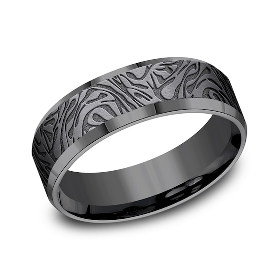 7.0mm Matte Mokume Gane Pattern Beveled Edge Engravable Wedding Band in Tantalum (1-2 lines)