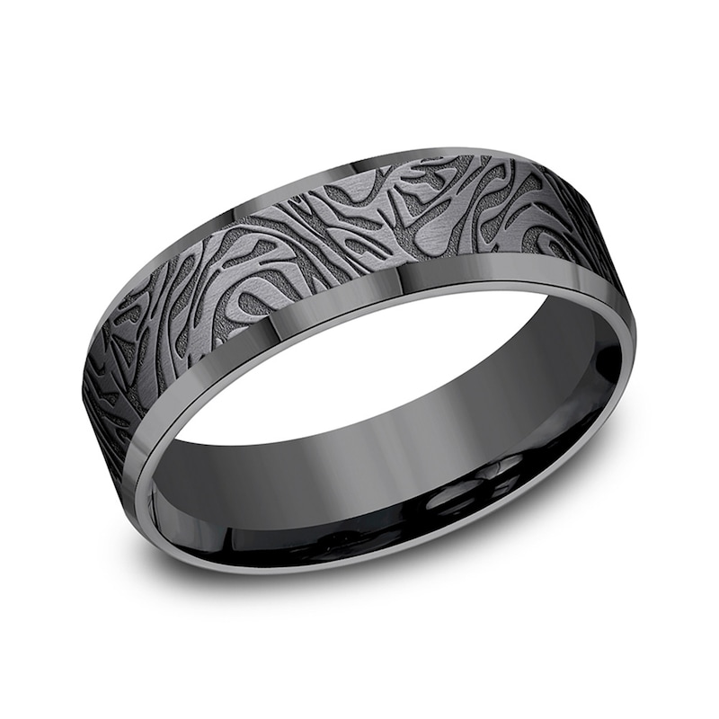 Main Image 1 of 7.0mm Matte Mokume Gane Pattern Beveled Edge Engravable Wedding Band in Tantalum (1-2 lines)