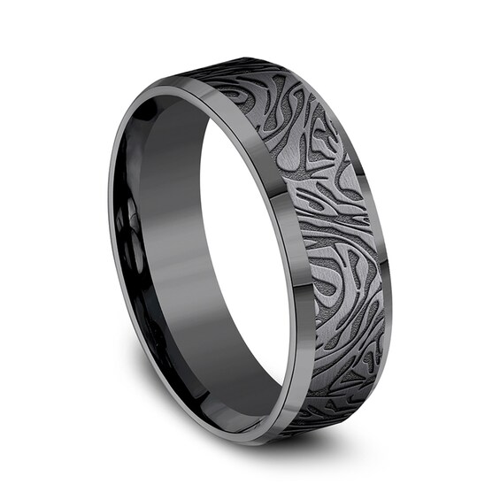 7.0mm Matte Mokume Gane Pattern Beveled Edge Engravable Wedding Band in Tantalum (1-2 lines)