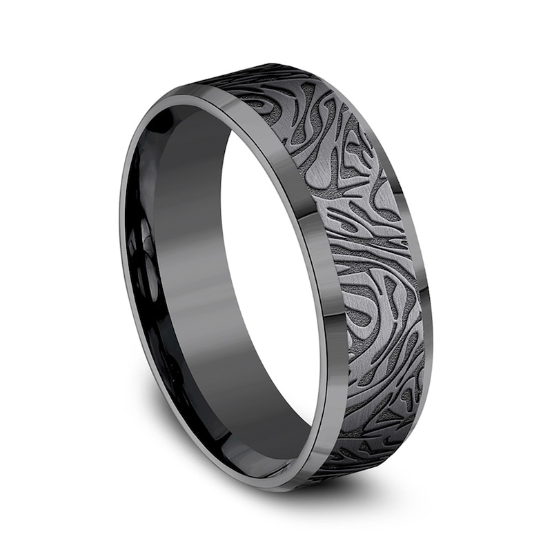 Main Image 2 of 7.0mm Matte Mokume Gane Pattern Beveled Edge Engravable Wedding Band in Tantalum (1-2 lines)