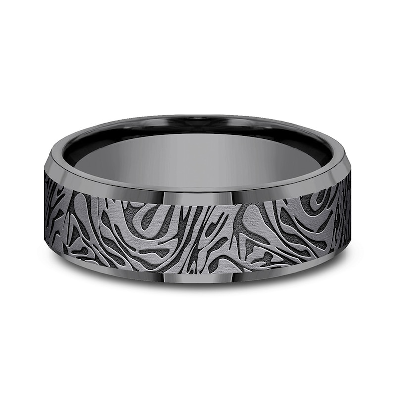 Main Image 3 of 7.0mm Matte Mokume Gane Pattern Beveled Edge Engravable Wedding Band in Tantalum (1-2 lines)