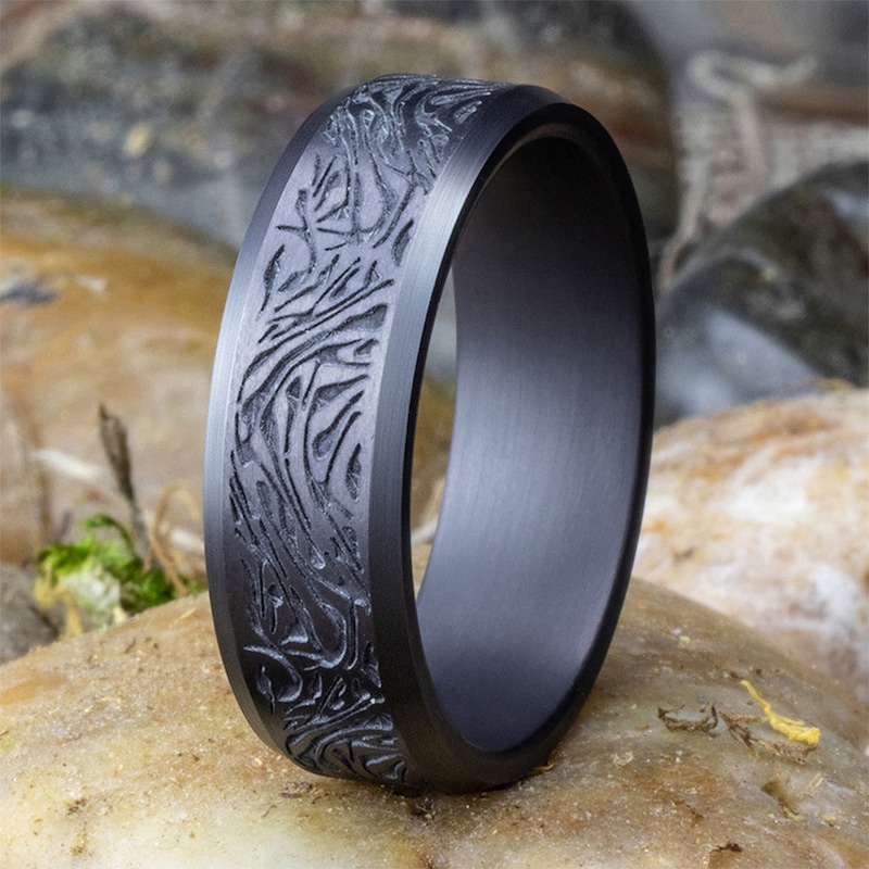 Main Image 4 of 7.0mm Matte Mokume Gane Pattern Beveled Edge Engravable Wedding Band in Tantalum (1-2 lines)