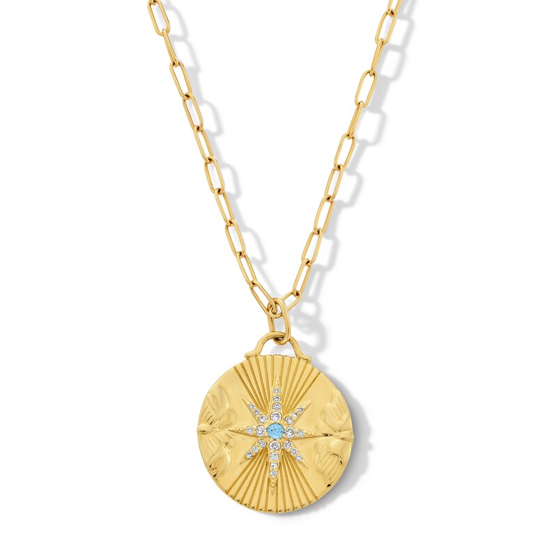 Main Image 1 of Blue Sapphire and 1/8 CT. T.W. Certified Lab-Grown Diamond Star Medallion Pendant in Sterling Silver with Gold Plate