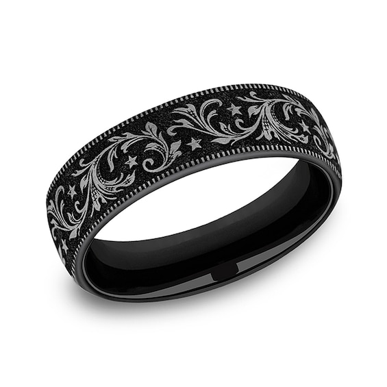 6.5mm Satin Filigree Vintage-Style Engravable Wedding Band in Two-Tone Titanium (1-2 lines)