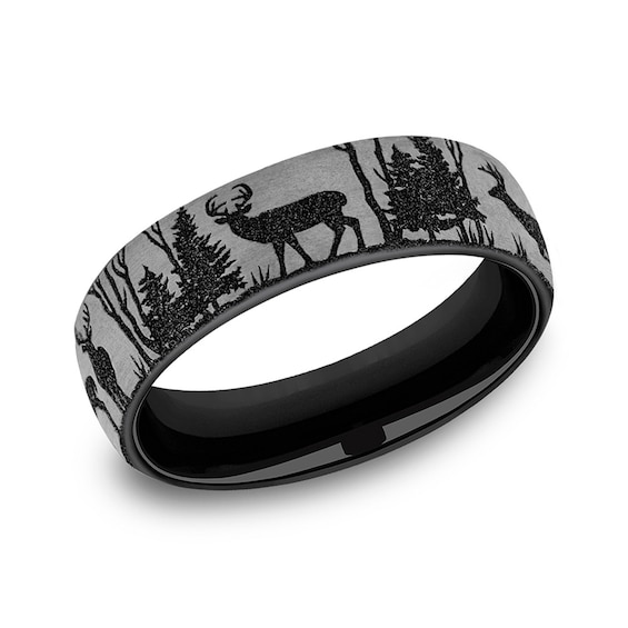 6.5mm Matte Buck in Forest Engravable Wedding Band in Two-Tone Titanium (1-2 lines)
