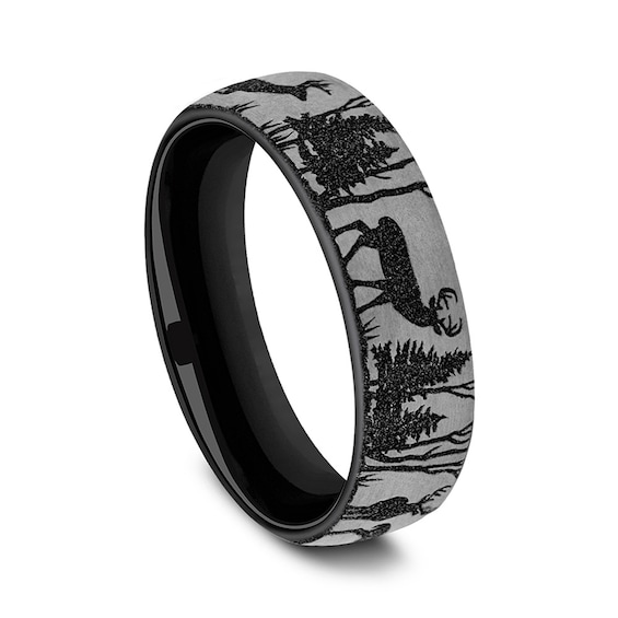 6.5mm Matte Buck in Forest Engravable Wedding Band in Two-Tone Titanium (1-2 lines)