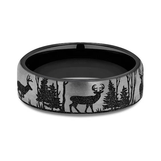 6.5mm Matte Buck in Forest Engravable Wedding Band in Two-Tone Titanium (1-2 lines)