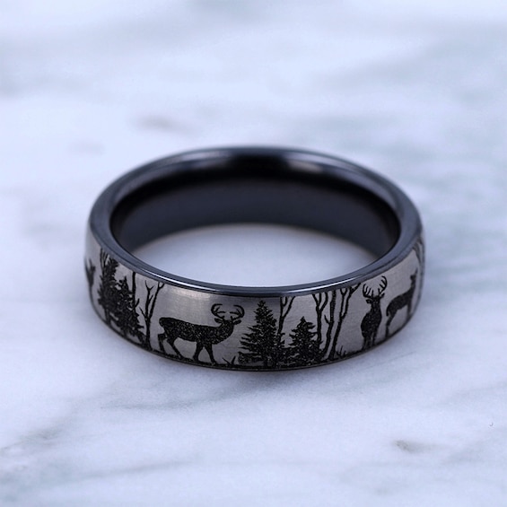 6.5mm Matte Buck in Forest Engravable Wedding Band in Two-Tone Titanium (1-2 lines)