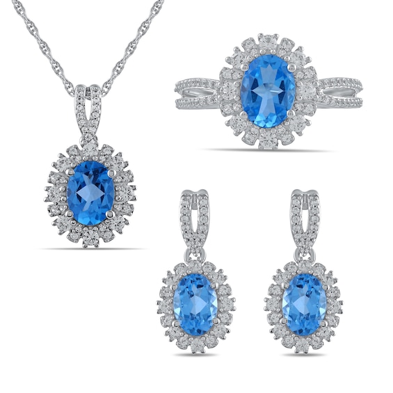Oval Swiss Blue Topaz and White Lab-Created Sapphire Pendant, Ring and Drop Earrings Set in Sterling Silver - Size 7