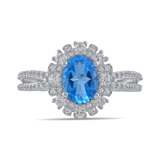 Oval Swiss Blue Topaz and White Lab-Created Sapphire Pendant, Ring and Drop Earrings Set in Sterling Silver - Size 7