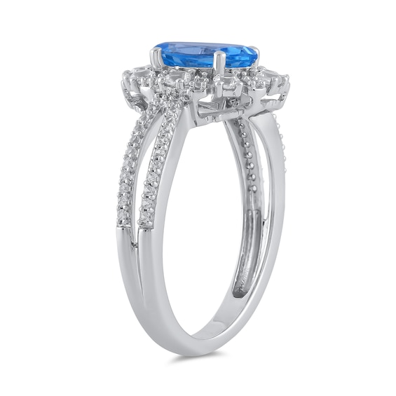 Oval Swiss Blue Topaz and White Lab-Created Sapphire Pendant, Ring and Drop Earrings Set in Sterling Silver - Size 7