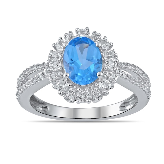 Oval Swiss Blue Topaz and White Lab-Created Sapphire Pendant, Ring and Drop Earrings Set in Sterling Silver - Size 7