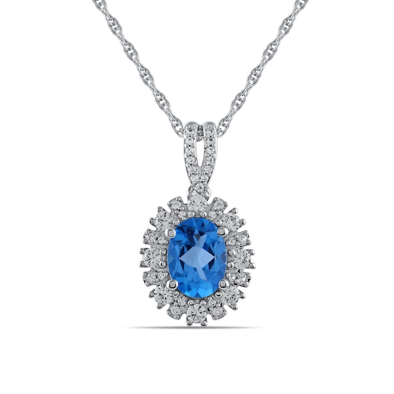 Oval Swiss Blue Topaz and White Lab-Created Sapphire Pendant, Ring and Drop Earrings Set in Sterling Silver - Size 7