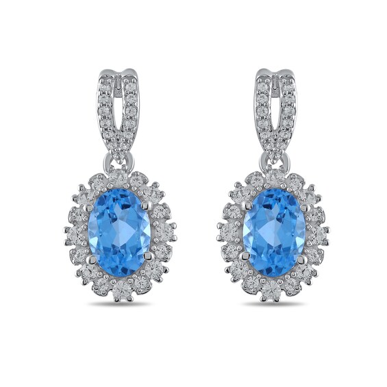 Oval Swiss Blue Topaz and White Lab-Created Sapphire Pendant, Ring and Drop Earrings Set in Sterling Silver - Size 7