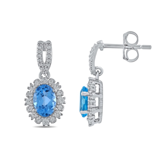 Oval Swiss Blue Topaz and White Lab-Created Sapphire Pendant, Ring and Drop Earrings Set in Sterling Silver - Size 7